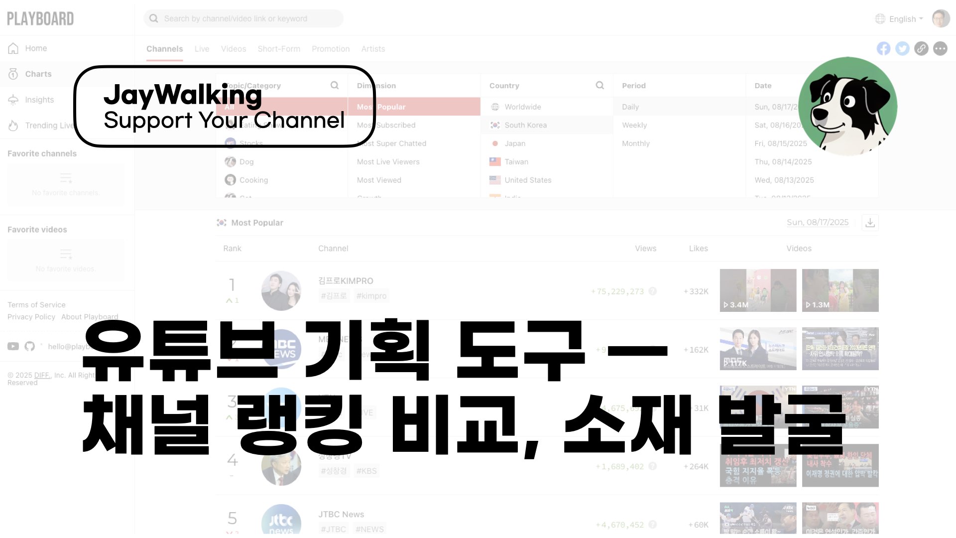 JAY 유튜브 기획 도구 채널 랭킹 비교 인기 소재 발굴